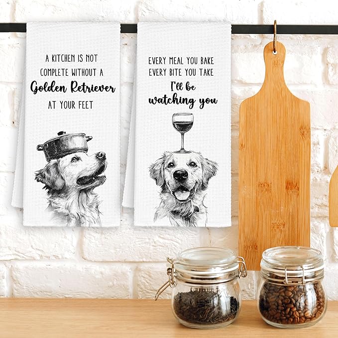 Funny Dog Golden Retriever Kitchen Towels Set of 2, Every Meal You Bake Hand Towels Decor for Bathroom, Cute Dish Towel Gifts for Dog Lovers, Rustic Tea Bar Waffle Towel for Dorm 16x24in