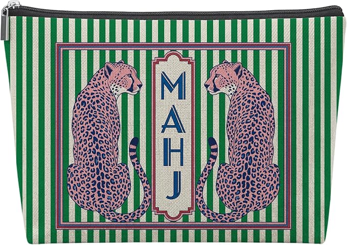 Trendy Leopard Cheetah Empty Mahjong Tile Bag 13x7.8 Inch | Pink Green Printed Portable Travel Case Organizer Zipper Pouch for American Mahjong Tiles Game Night Accessories and Gifts