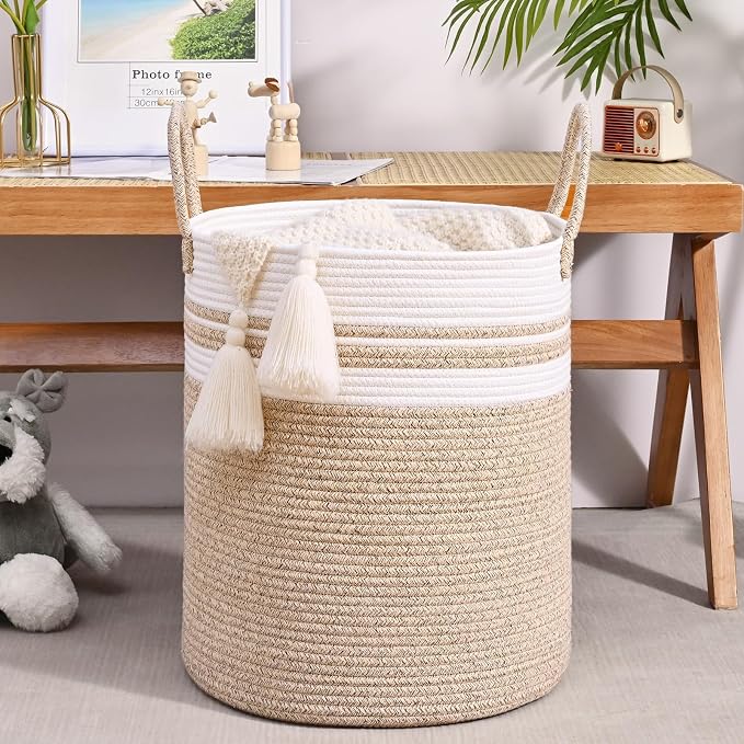 Laundry Hamper for Organizing, 52L Large Laundry Baskets, Cotton Rope Woven Blanket Basket, Collapsible Laundry Hamper for Living Room, Nursery, 15"×18", Jute