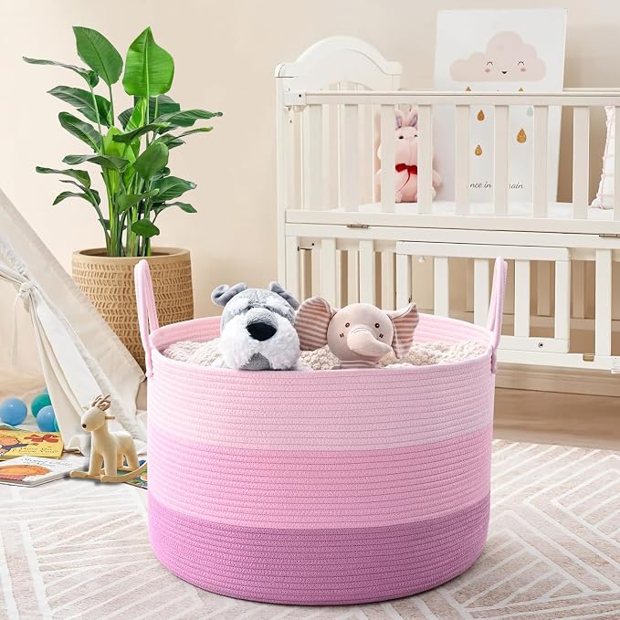 67L Large Woven Blanket Basket, Cotton Rope Baby Laundry Hamper with Handles, Kids Toy Basket for Classroom & Nursery, Soft Round Stuffed Animal Storage, Dog Toy Bin - 20"x13", Pink
