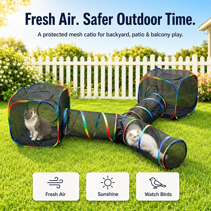 Outdoor Rainbow Cat Enclosures Playground,Outside House for Indoor Cats Include Portable Tent, 3 Way with 2 Cube Tunnel, for Kitty and Small Animals,Within Storage Bag
