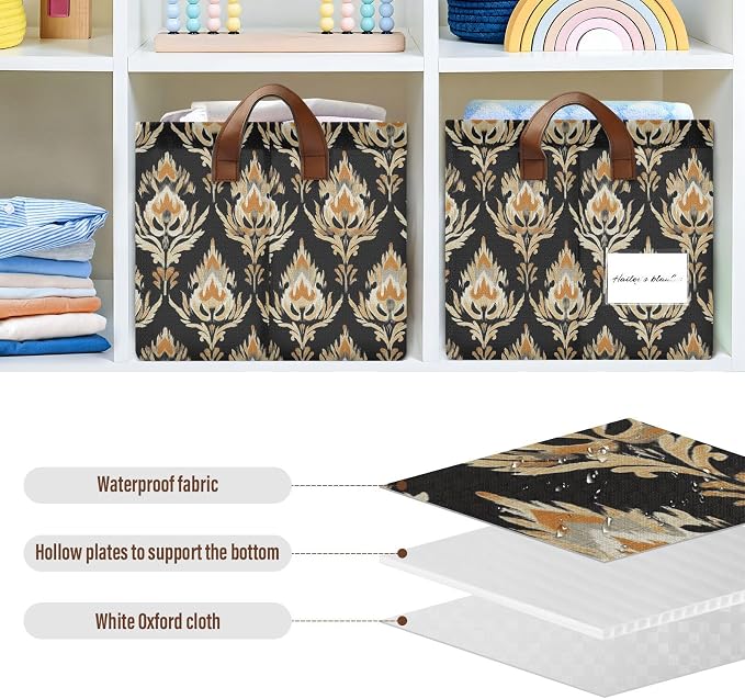 Ethnic Floral Pattern Black Yellow Block Storage Bins for Shelves with Labels&Handles Fabric Organizer Bin Foldable Rectangle Storage Basket Boxes for Closet, Bathroom, Home, Living Room