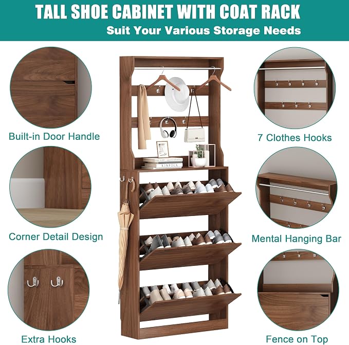 Shoe Cabinet for Entryway with 3 Flip Drawers, Walnut Tall Wood Shoe Storage Cabinet with Coat Rack, Narrow Hidden Slim Freestanding Shoe Rack Organizer, 2 in 1 Hall Tree for Living Room, Hallway