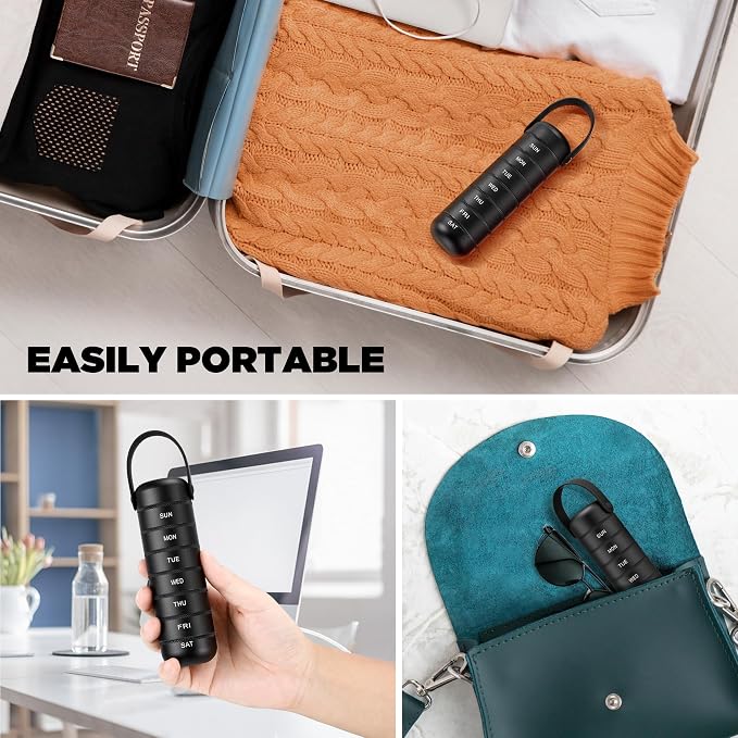 Zannaki Metal Weekly Pill Organizer, Large Travel Pill Box 7 Day, Waterproof Daily Pill Case with Silicone Handle, Aluminum Alloy Portable Pill Holder Container for Vitamin, Medicine, Supplement,Pills