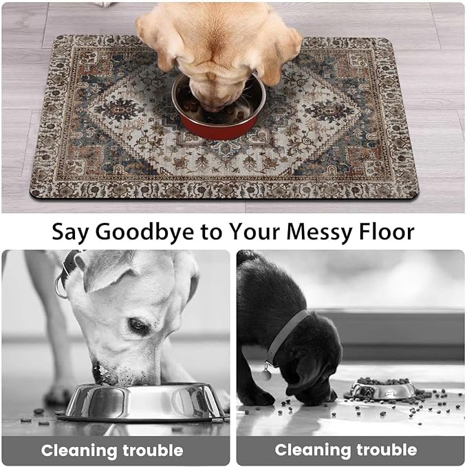 Dog Food Mats for Floors, Absorbent and Quick-Drying Pet Cat Food Mat,Anti-Fouling and Easy-to-Clean Pet Feeding Mat,Dog Bowl Mat for Messy Drinking Water Bowls.17 x27, Bohemia Style