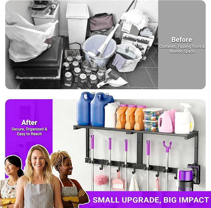Heavy Duty Broom Holder Wall Mount, All-Metal Mop Rack with Storage Shelves | Space-Saving Cleaning Supply Organizer with Hooks Keeps Mops, Brooms and Tools Handy in Laundry Rooms, Garages and Kitchens