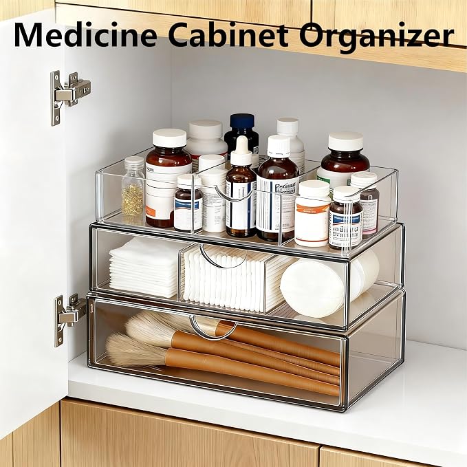 Medicine Cabinet Organizer with Removable Dividers, 3-Tier Stackable Drawer Storage for Bathroom, RV, Vanity, Countertop & Desk
