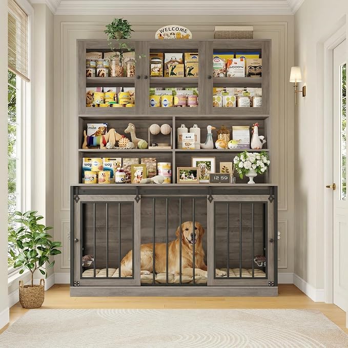 HOSTACK 71" Tall Dog Crate Furniture, Indoor Dog Kennel with Storage, Grey | Removable Room Divider, 4 feeding bowls, Adjustable Shelves, Metal Lock & Spring Latch, Farmhouse Pet House for XL/XXL Dogs