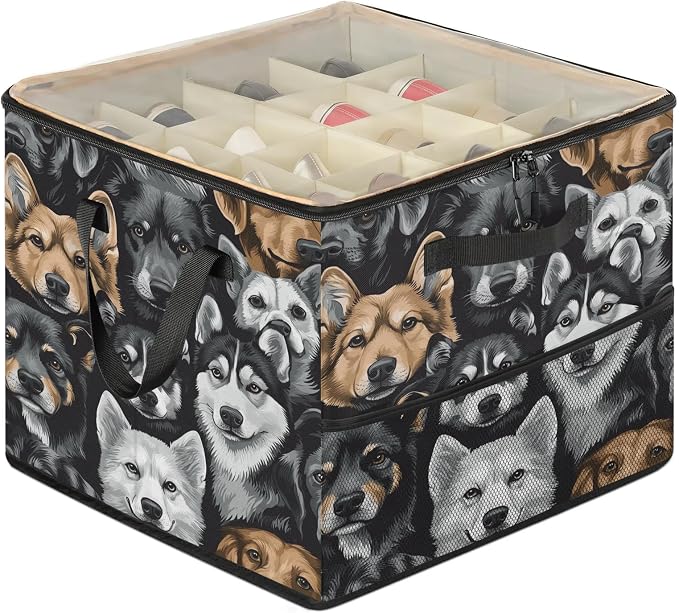 TropicalLife Funny Dog Faces Shoe Organizer for Closet | Foldable Shoe Storage Organizer Box Bin with Adjustable Dividers and Clear Cover, Fits up to 16-32 Pairs