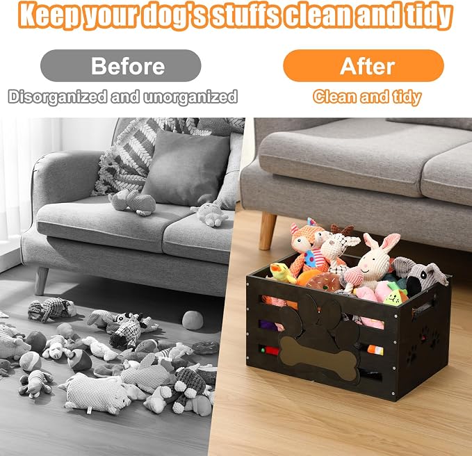 Cinnvoice Large Dog Toy Basket Wood Dog Toy Bin Storage Baskets Box with Handles and Label Position Design Large Organizer with Paw Pattern Print for Pets Toys Food Blankets Clothes 18"x12"x10"