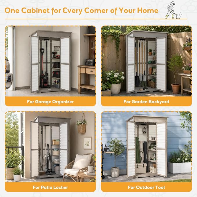 Large Outdoor Storage Cabinet with 3 Shelves, Weatherproof Shed for Outside | Fold-out Work Table, Dual-zone Shelves Keep Tools Organized, Clear Window, 6 Hooks, Anti-tip, Fits Patio, Garden, Garage