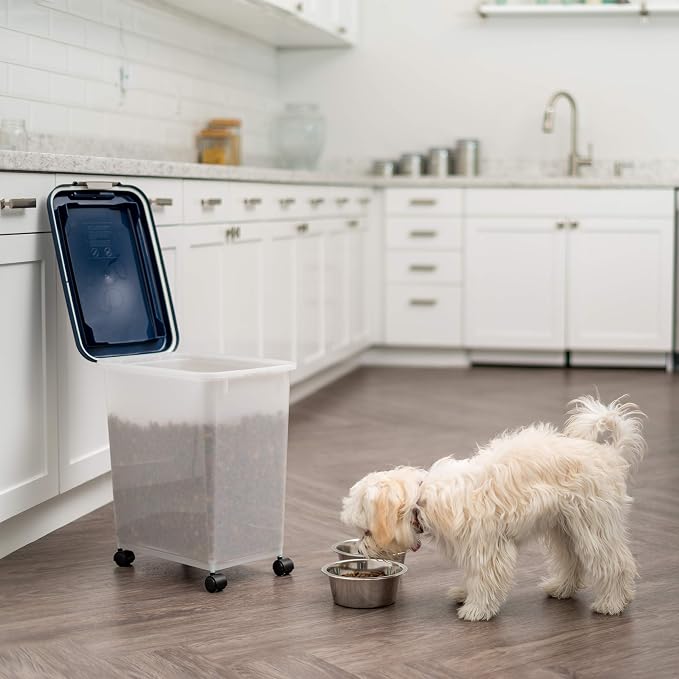 IRIS USA Dog Food Storage Container, Up to 30 lbs, Navy/Pearl, Made in USA | Wheels for Mobility, Airtight Seal, BPA-Free, Best for Bird Seed, Cat food, Cat Litter, Chicken Feed, Pellets