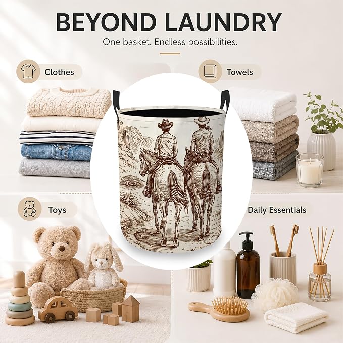 Western Cowboy Laundry Basket, Foldable Oxford Cloth Desert Horse Laundry Hamper with Handles, Tote Bag Clothes Storage Bucket for Laundry Room/Bathroom/Bedroom/Dormitories 20.8"x16"