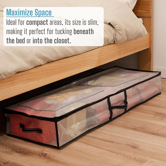 VENO 2 Pack Clear Wrapping Paper Organizer Storage Box for Christmas Gift Bags and Holiday Accessories, Underbed Storage Container with Interior Pockets, 40 Inches Long Fits 24 Rolls (2 Pack)