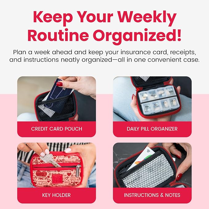 Made Easy Kit Pill Case for Everyday and Travel - 7-Day Weekly Medicine Supplement Vitamin Organizer Sorter Tracker - Neoprene Bag with Pockets - Compact Portable 8 Compartments (Red Love Language)