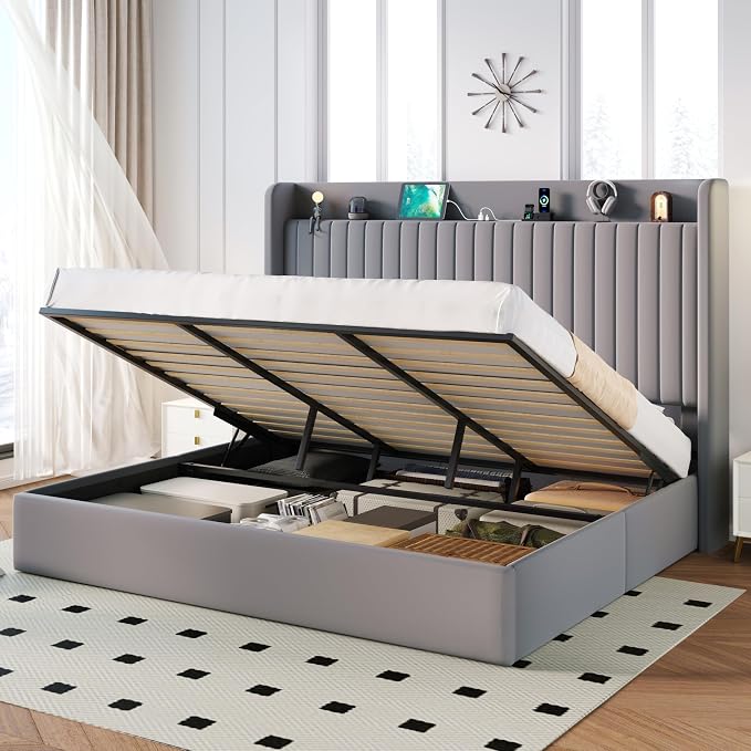 SHA CERLIN King Size Lift Up Storage Bed Frame, Charging Station, Grey | Storage Headboard with Charging Station, USB, Type-C Port Velvet Hydraulic Storage Bed No Box Spring Needed Noise Free
