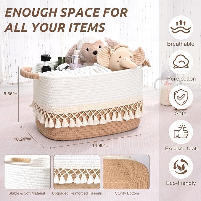 6 Pack Storage Basket for Shelves, Boho Cotton Rope Storage Bins with Heavy Tassel, Shelf Baskets Large Woven Baskets for Organizing, Cube Organizer Bins, Baby Laundry Basket for Clothes, Toys, Pets