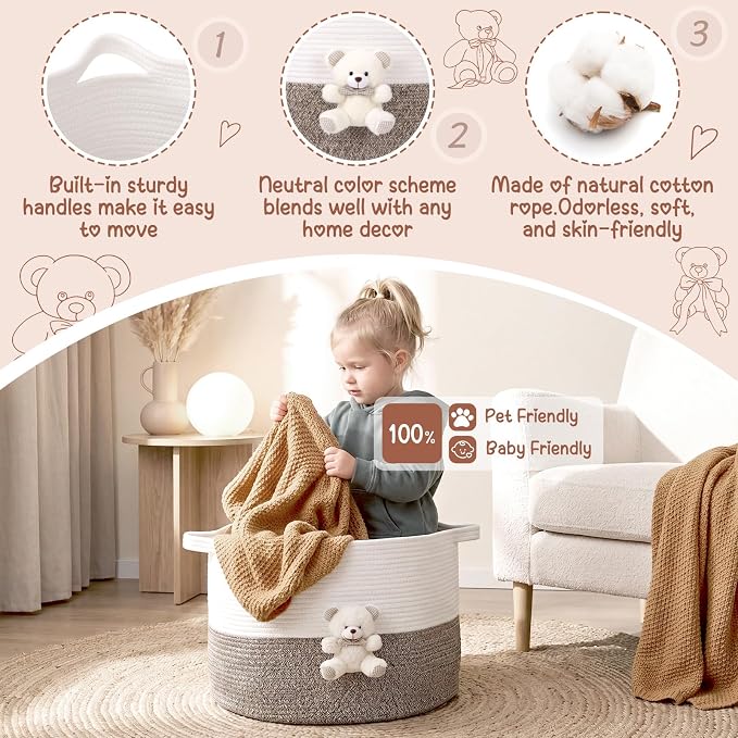 LemonRoad Extra Large Basket 20"x14", Woven Basket for Laundry Blanket Toy Box with Handle Storage, Blanket Storage for Living Room Nursery Pillows Chest(Cotton Rope,White Bear,Brown)
