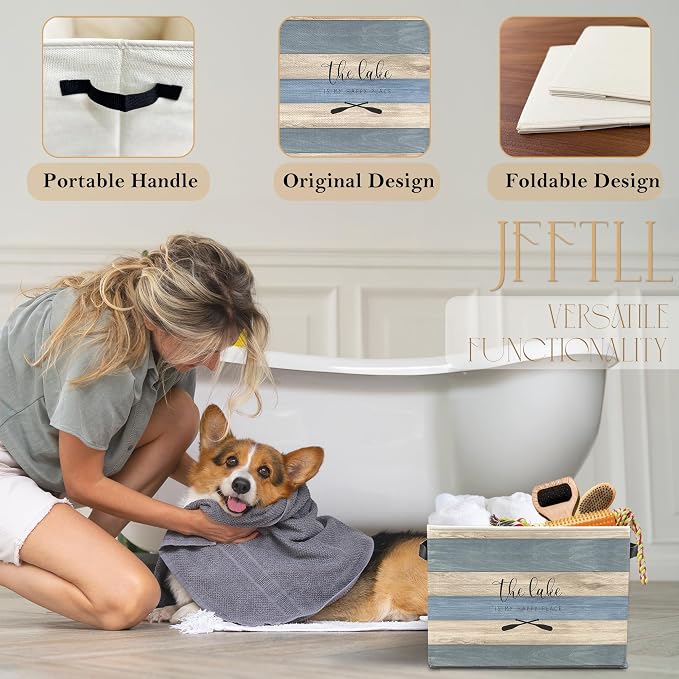 Lake House Storage Bins with Handles, Gifts for Lakes Lovers, the Lake Is My Happy Place Collapsible Laundry Basket Storage Box for Home Bedroom Bathroom Clothes Toys Books