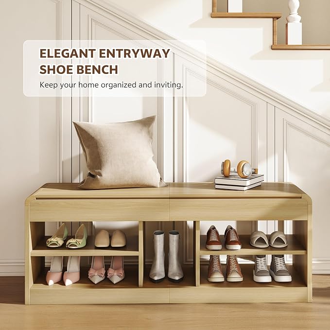 Shoe Storage Bench with Flip-Open Box & Shelf, Natural | 47.2in Bench Fits Hallways, Bedrooms And Living Room, With Sturdy Wood Construction For Daily Use