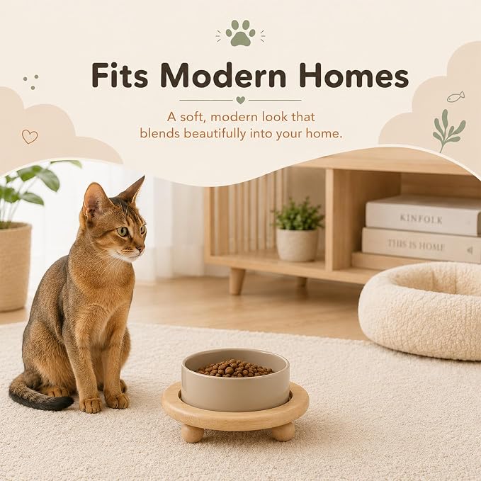 Havniva Raised Cat Bowl 5.1” Elevated Ceramic Cat Food and Water Bowl | Cat Bowls Elevated, Whisker Friendly Cat Bowl, Non-Slip Wood Stand, Food-Grade Ceramic, Wide Opening, Dishwasher Safe