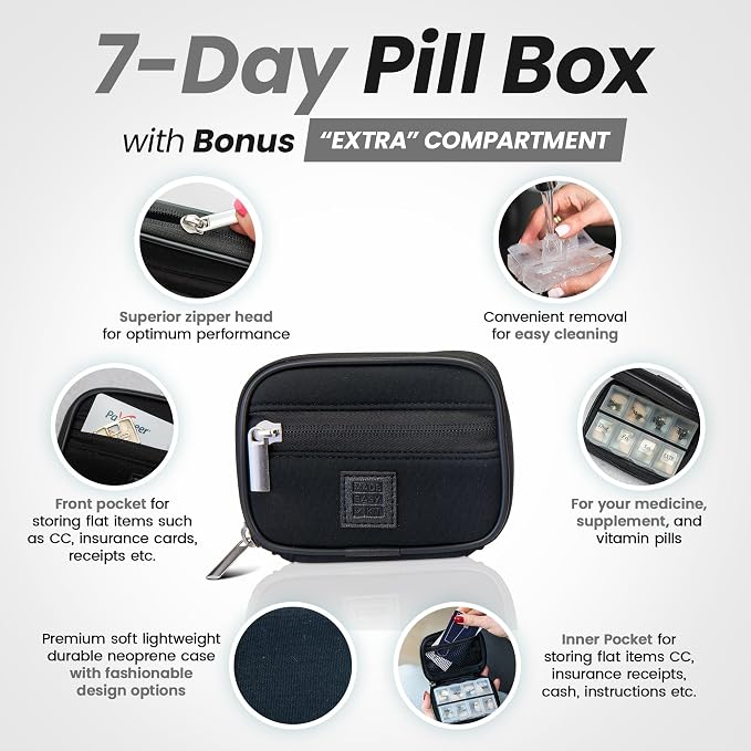 Made Easy Kit Pill Case for Everyday and Travel - 7-Day Weekly Medicine Supplement Vitamin Organizer Sorter Tracker - Neoprene Bag with Pockets - Compact Portable 8 Compartments (Black)