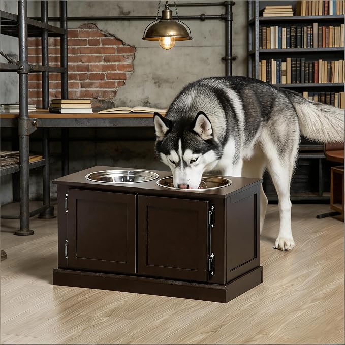 Dog Feeding Station with Storage, 2 Stainless Steel Bowls, Coffee, Elevated Dog Bowl Holder, Dog Feeder Stand, Wooden Dog Food Organizer for Indoor, Dog Food Storage Cabinet