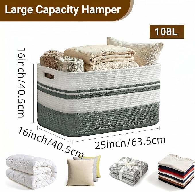 Large Laundry Basket/Hamper, 25"x16"x16" Rectangle Woven Basket | Toy Storage Basket, Baby Blanket Basket, With Handle, Shelf Basket, Living Room Organizing