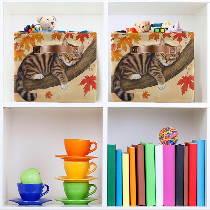 Wamika Fall Cat Kitty Storage Basket with Waterproof Liner and PU Handles Autumn Maple Leaves Storage Bins Boxes 14.2" Collapsible Decorative Organizer Baskets for Bedroom Closet Office 1 Pack