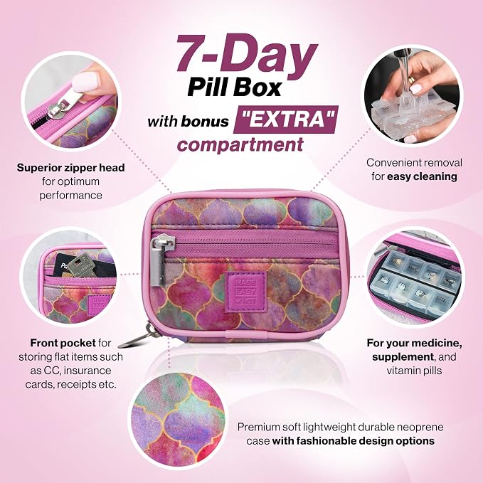 Made Easy Kit Pill Case - Weekly Medicine Organizer with Removable Seven-Day Vitamin & Supplement Box - Premium Neoprene for Travel Purse Accessory (Purple Stained Glass)