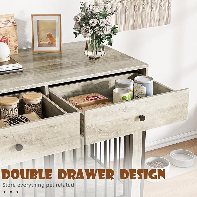 LEMBERI 44 Inch Large Dog Crate Furniture with 2 Storage Drawers | Indoor wooden kennel with decorative finish. Use as pet cage, dog house, or side table. Sturdy for large breeds