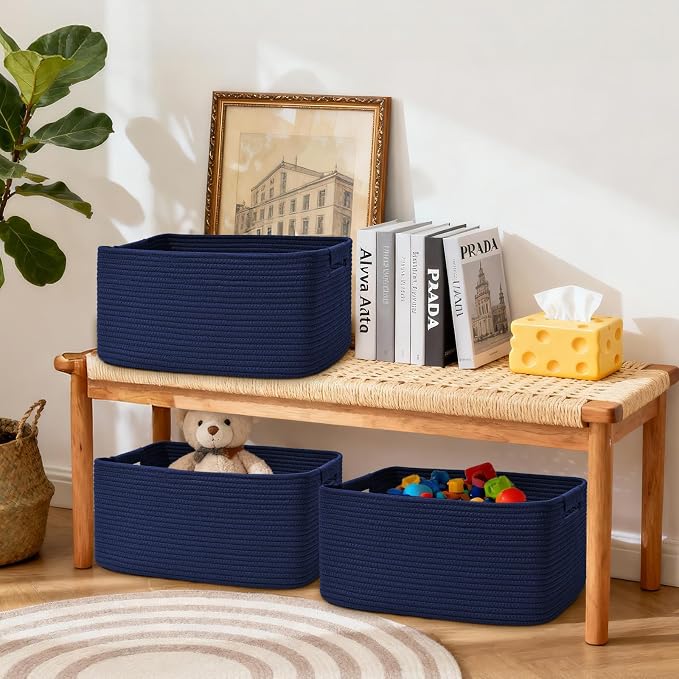 3 Pack Large Storage Basket for Organizing, 17.5"x13"x7" Woven Basket for Shelves, Closet Cube Storage Bins with Wrapped Handle, Cotton Rope Baskets for Kitchen, Clothes, Toys(Navy Blue)
