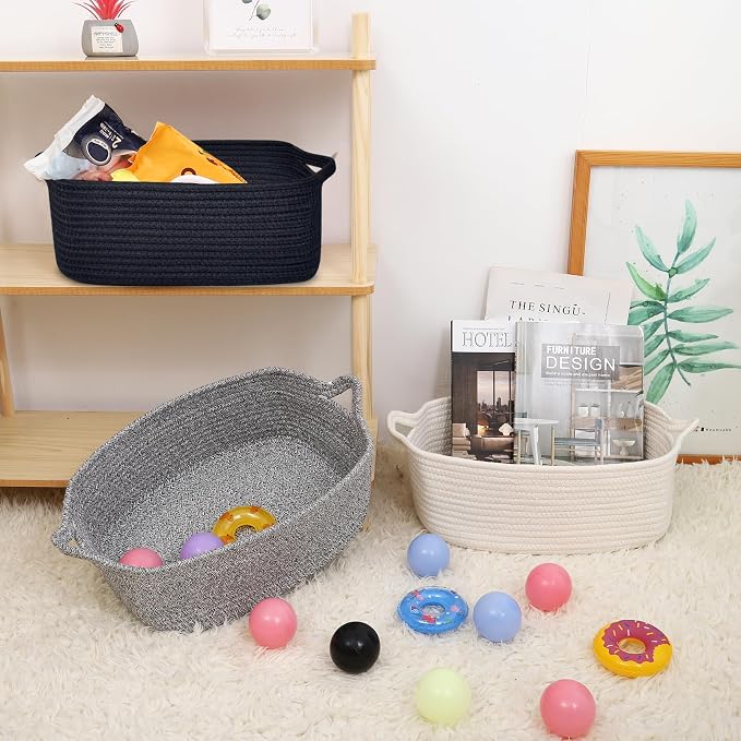 ABenkle Small Storage Basket with Handles, Cotton Rope Woven Dog Cat Toy Bin, Decorative Shelves Closet Organizing for Nursery Laundry Bedroom Bathroom, 14.2''x 11''x 5.1''