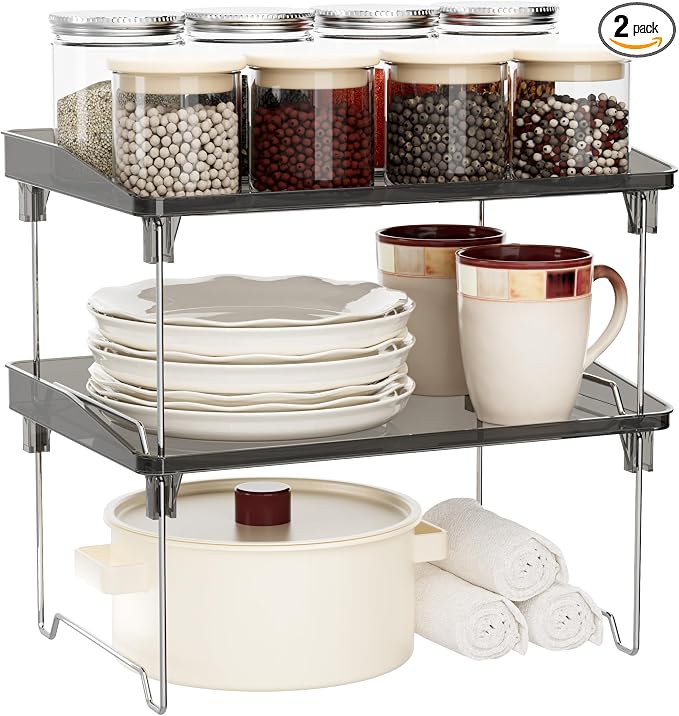 STARLATTA 2 Pcs Cabinet Organizer Shelf，Stackable Kitchen Counter Shelves, Spice Rack,Countertop Organizers，Black Plastic Storage Shelves Rack for Makeup，Bathroom, Cupboard，Desk，Pantry Organization