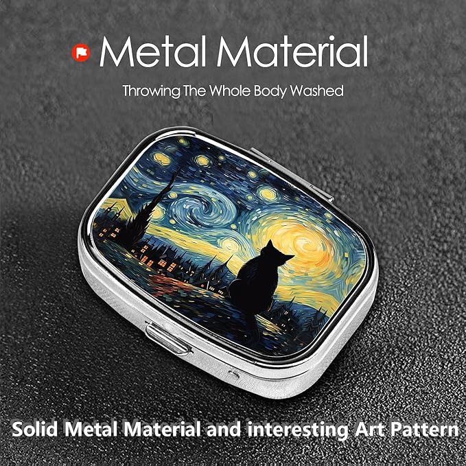 ABLESKY Pill Box, 2 Compartment Pill Organizer Case for Pocket or Purse, Small Portable Metal Travel Medicine Box with Mirror, Daily Vitamins Fish Oil Container-Starry Sky Cat