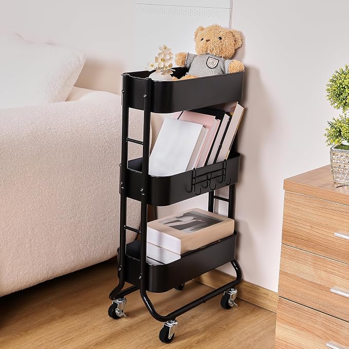 MAX Houser Slim 3-Tier Rolling Utility Cart with Extra Hook, Black | Narrow Metal Bathroom Storage Multifunctional Organizer Carts with Wheels with Extra Hook, Laundry Room,Kitchen,Small Space