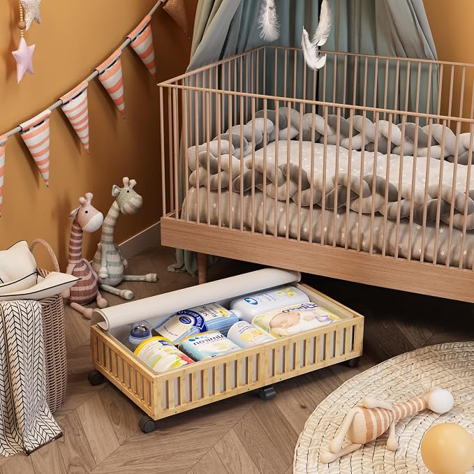 2 Pack Large Bamboo Under Bed Storage Containers with Wheels, Nature | Underbed Drawer Storage with Bag, Wood Rolling Underbed Organizer for Shoes, Sheets Clothes Blanket Comforter, Under Crib Toy