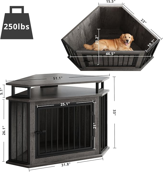 IRONCK 51" Large Corner Dog Crate Furniture with 2-Tier Storage Shelves | 10mm thickened iron frame. 2-tier shelves and 200 lb top. Space-saving corner design. 26.7" L x 51.2" W x 33.5" H. Gray