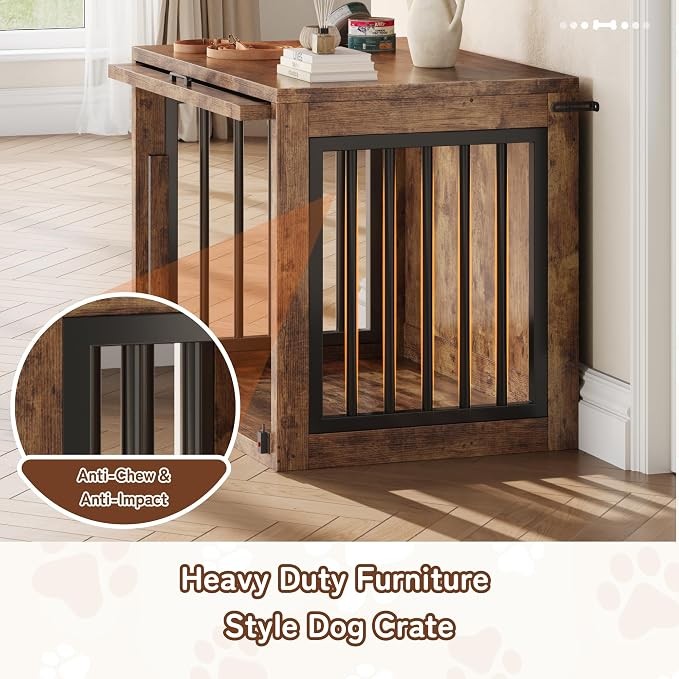35" Wooden Dog Crate Furniture for Dogs up to 50 lbs, Medium Dog Kennel with Concealed Sliding Door, Heavy Duty Indoor Dog Cage with Safety Latch and Quiet Pads, Rustic Brown