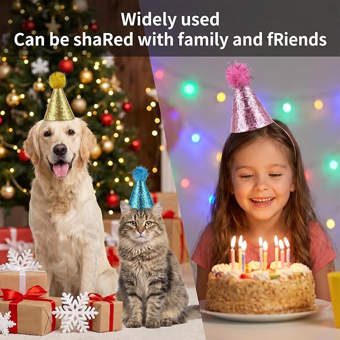 10 Pack Mini Dog Birthday Hats, Mini Party Hats for Small Dog & Cat, Small Party Hats for Stuffed Animals, Adjustable Tiny Pet Hats with Sequins for Birthday, Holiday & Costume Events