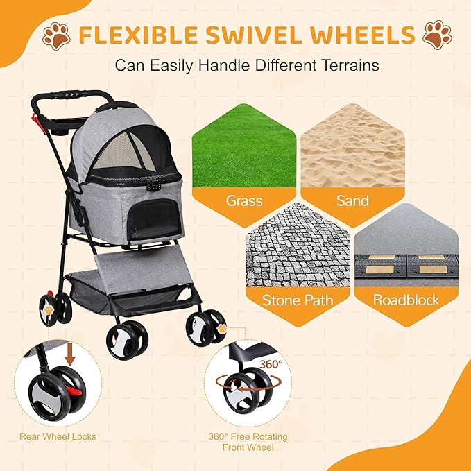 ZENY Pet Stroller, 3 in1 Foldable Dog Cat Jogger Stroller with 4 Wheels | Detachable Basket and Cup Holder, Travel Folding Carrier for Small/Medium Pet (Gray)