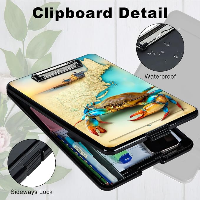 Heavy Duty Storage Clipboard, Slim Nursing Clipboard with Internal Pen Case, Portable File Organizer Case for A4 Letter Size Paper Office Medical Professionals, Map Crab