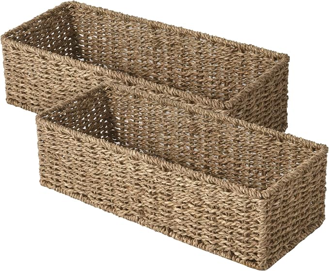 StorageWorks Toilet Paper Basket, Bathroom Basket Organizer for Storage | Long Narrow Wicker Seagrass Storage Baskets for Tank Topper, Decorative Toilet Tank Basket for Bathroom, Pantry, 2-Pack