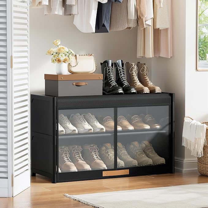 3 Tier Shoe Cabinet with Doors, 12-Pair Storage, Black | Compact Fits Entryway, Transparent Door for Quick View, Holds Sneakers, Heels, Flats, Wipe-Clean Waterproof