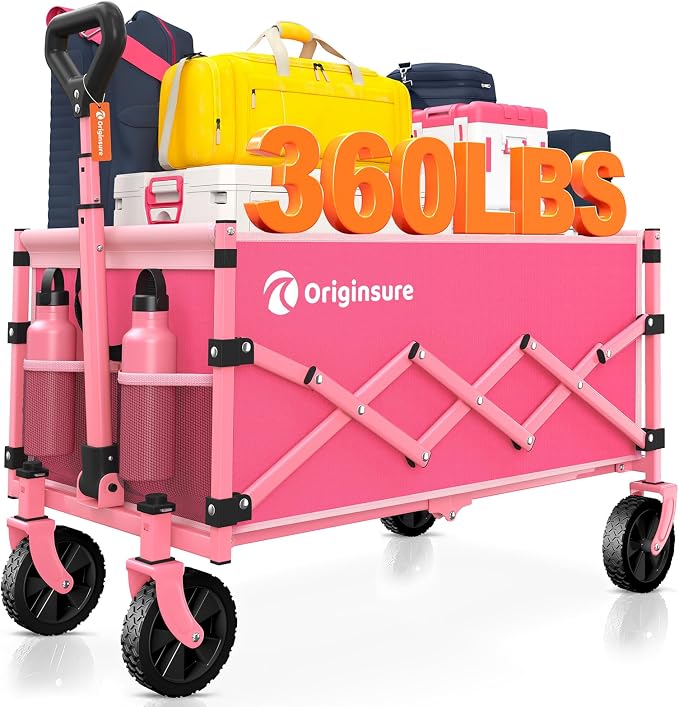 Originsure 110L Portable Collapsible Wagon Cart, 360lbs Heavy Duty, Pink | All-Terrain Wheels,Solid Steel Frame,Adjustable Handle,Compact&Space-Saving,Utility for Camping,Sports,Grocery,Garden