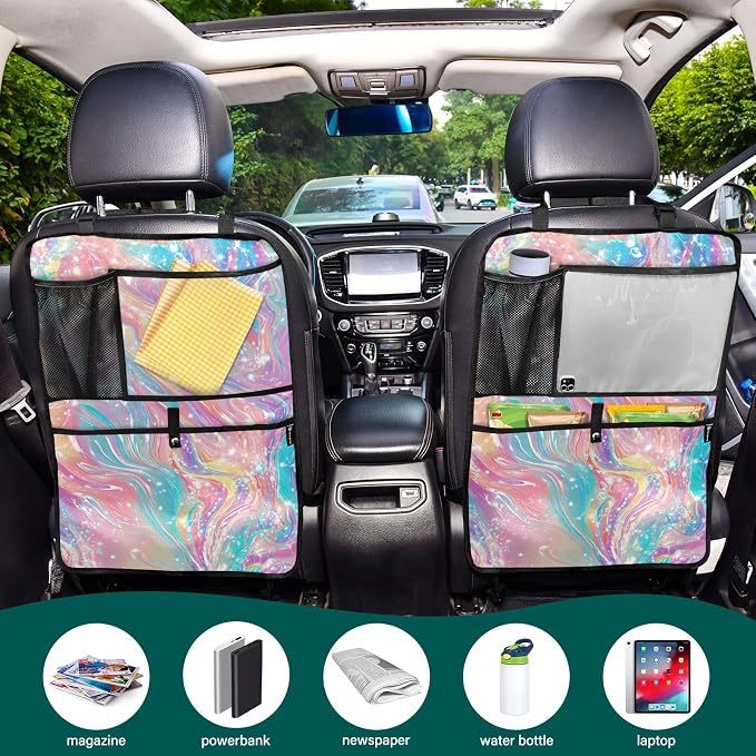 2 Pack Back Seat Car Organizer with Storage Pockets Kick Mats Back Seat Protector Hanging Car Organizer Automotive Seat Back Cover Organizers Pink Liquid Gradient