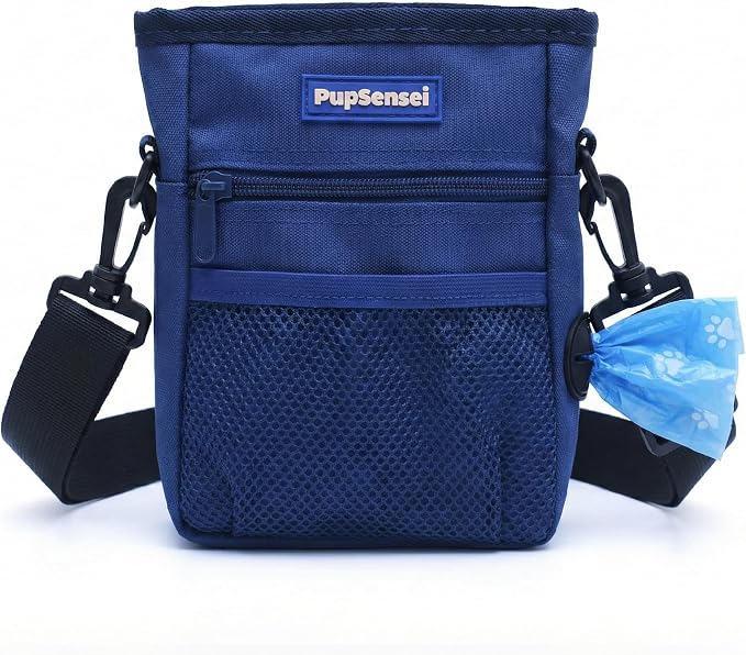 Dog Treat Pouch for Training – Magnetic Dog Treat Bag with Belt Clip & Poop Bag Dispenser – Hands Free Carry Pouch with Auto-Close Access & Shoulder Strap – Durable Pet Gear – Navy Blue
