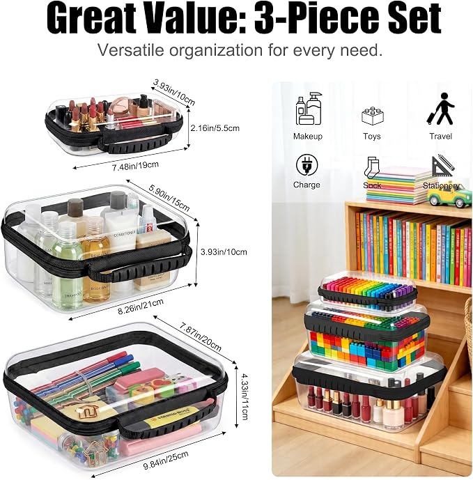 3 Pack Clear Hard Shell Zipper Storage Case Deep Capacity Organizer Pouches | PET Waterproof Transparent Bags with Handle 1.2mm Thick for Makeup Toiletries Cosmetics Toys Art Supplies Travel Essentials
