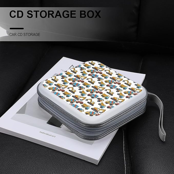 Protective CD Case 40 Capacity Excavators Cars Disc Holder Storage Binder | DVD Organizer Wallet, Excavators Cars Construction Tractor, Sturdy Portable for Movie Music Game Disc