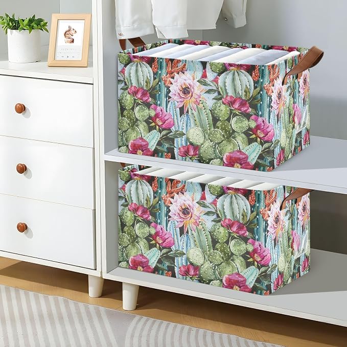 Cactus Floral Tropical Plant Storage Bins for Shelves with Labels&Handles Fabric Organizer Bin Foldable Rectangle Storage Basket Boxes for Closet, Bathroom, Home, Living Room